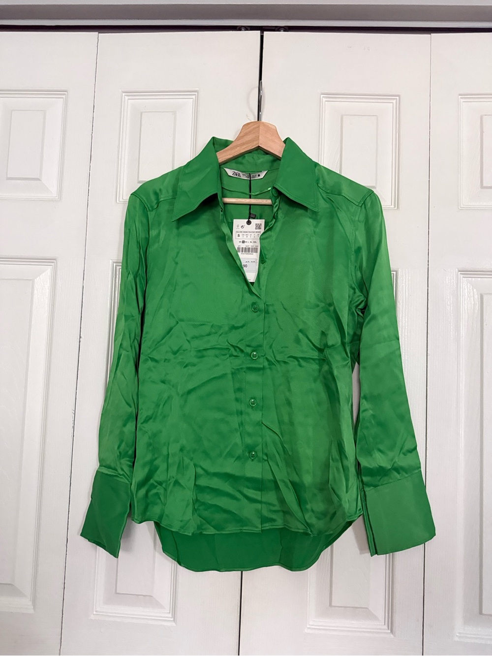 Zara Bright Green Satin Button-Down Shirt
